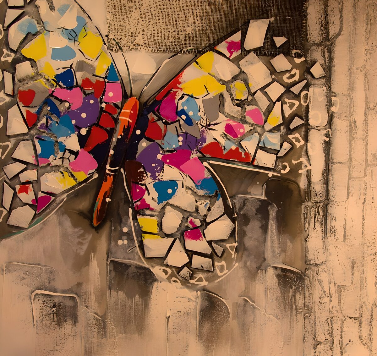 gemalter Schmetterling mit gelben, lilafarbenen, blauen, roten Flügeln