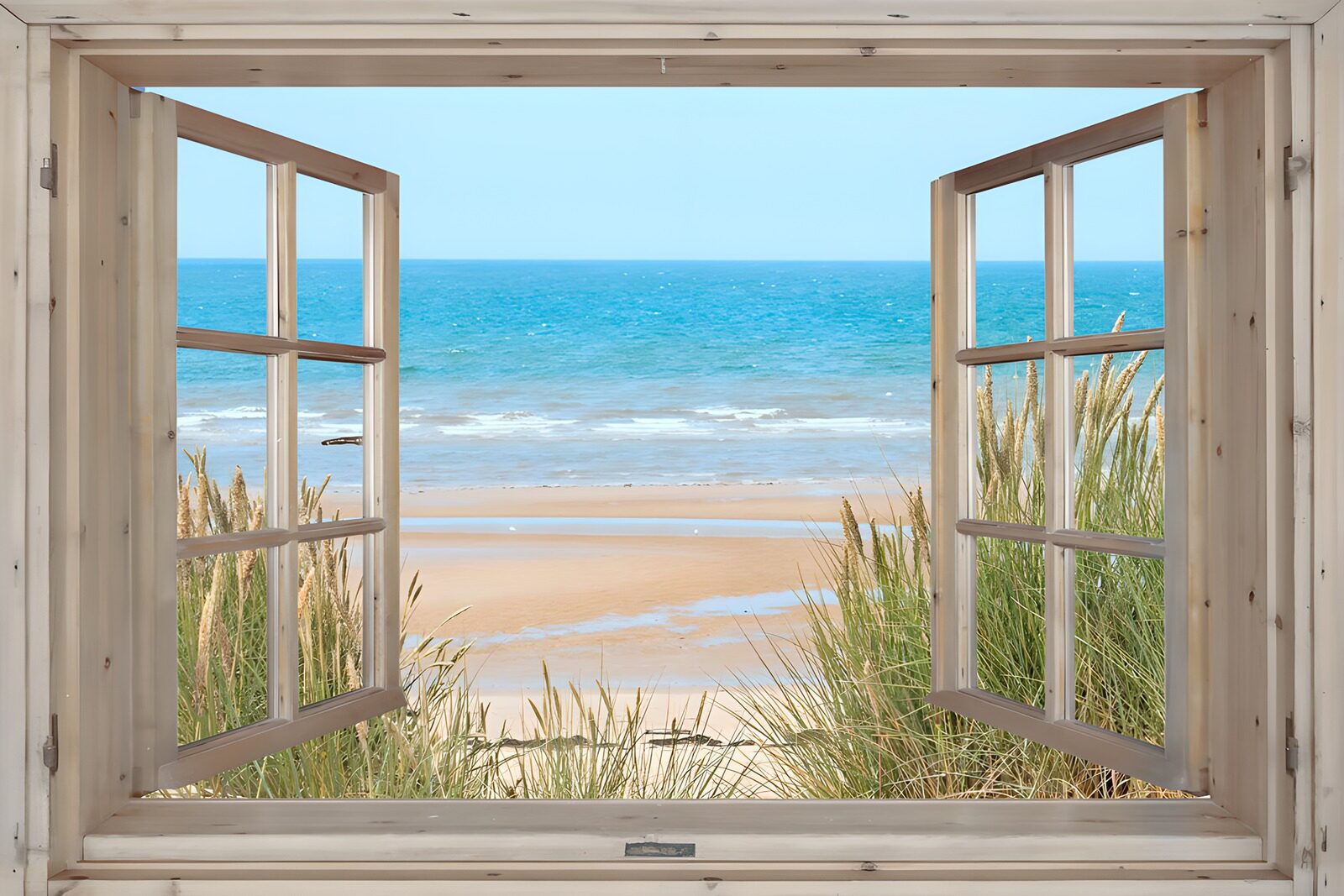 TPDE78899: Blick auf den Strand durch das Fenster