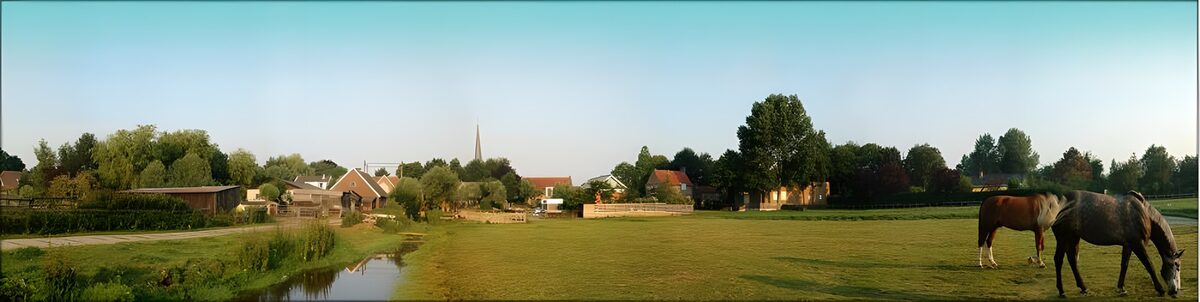 Blick auf ein Dorf und Weidepferde, die sich mit Gras füttern