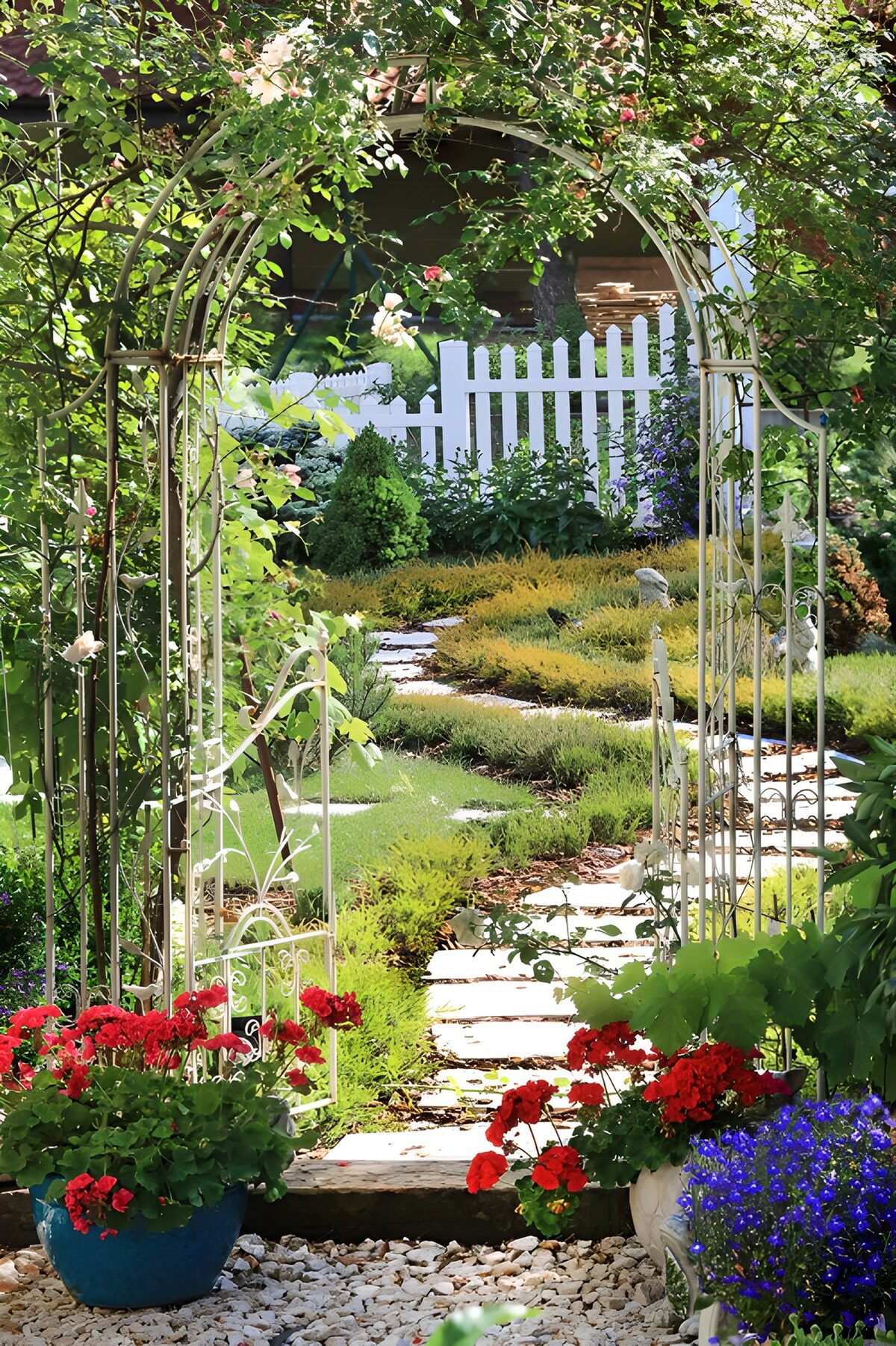 TPDE65243: Alte weiße, mit Rosen bewachsene Pergola mit Weg zum Garten