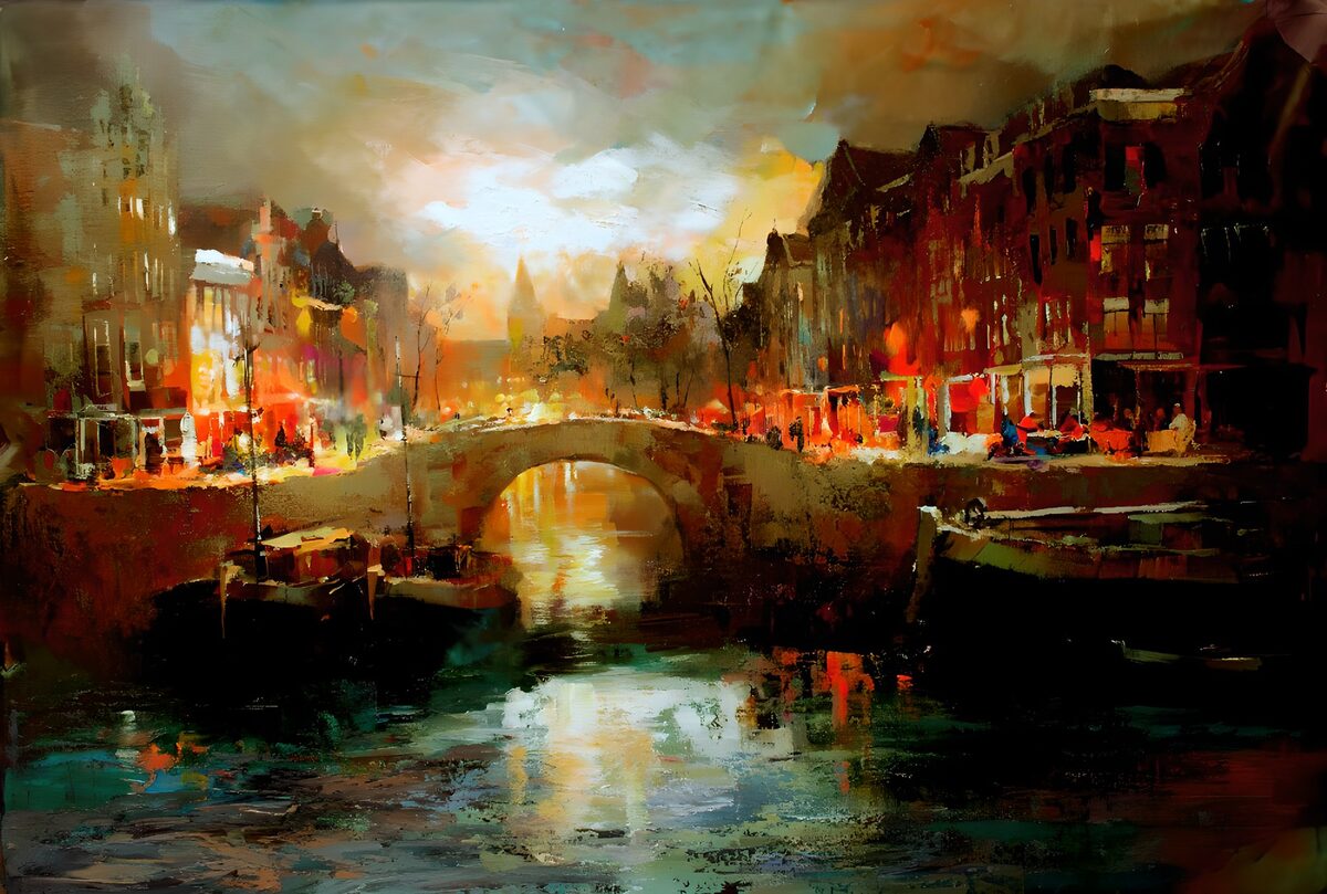 TPDE15466: Kanal In Utrecht in der Abenddämmerung