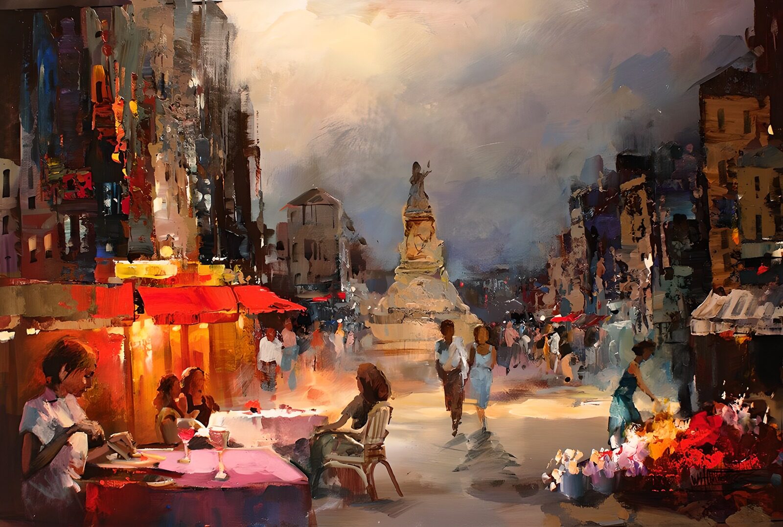 TPDE76528: Gemälde einer Piazza irgendwo in Italien mit einem Restaurant, Statue und Blumengeschäft und viele Leute