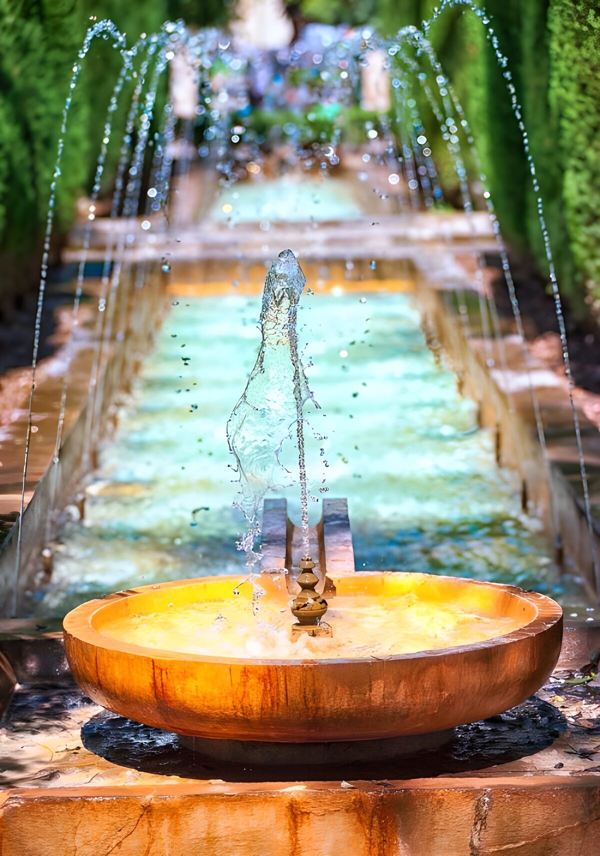 TPDE74325: Teich mit Springbrunnen in einer Gartenanlage