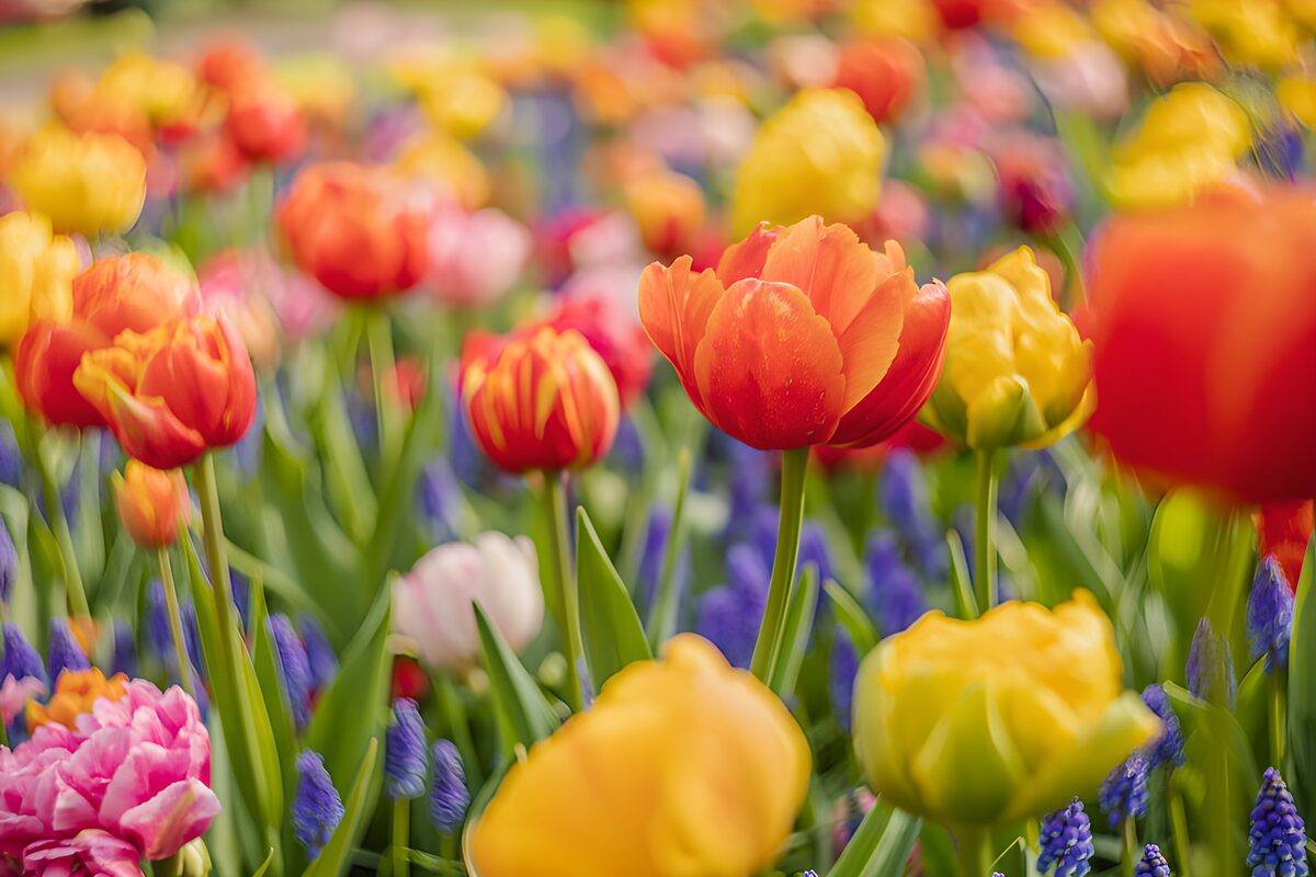 Farbenfrohe Tulpenwiese im Frühling