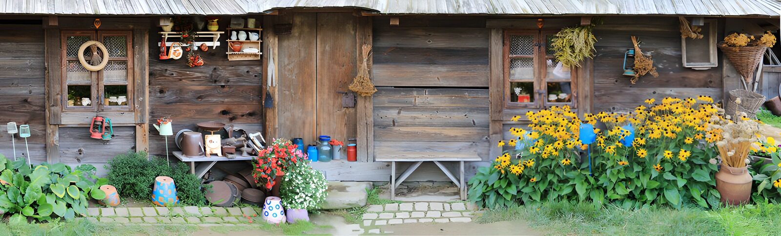 TPDE78335: Rustikales Holzhaus mit Blumen