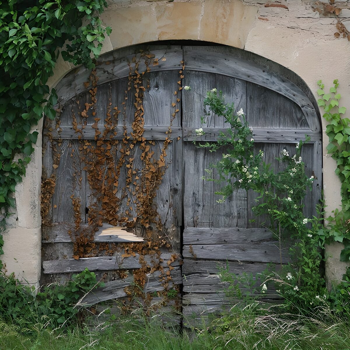TPDE83509: altes Tor von einem ehemaligen Bauernhof überwuchert mit Kletterpflanzen