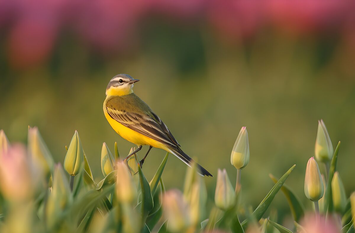 TPDE88174: Gelbkopfsänger in blühenden Tulpen