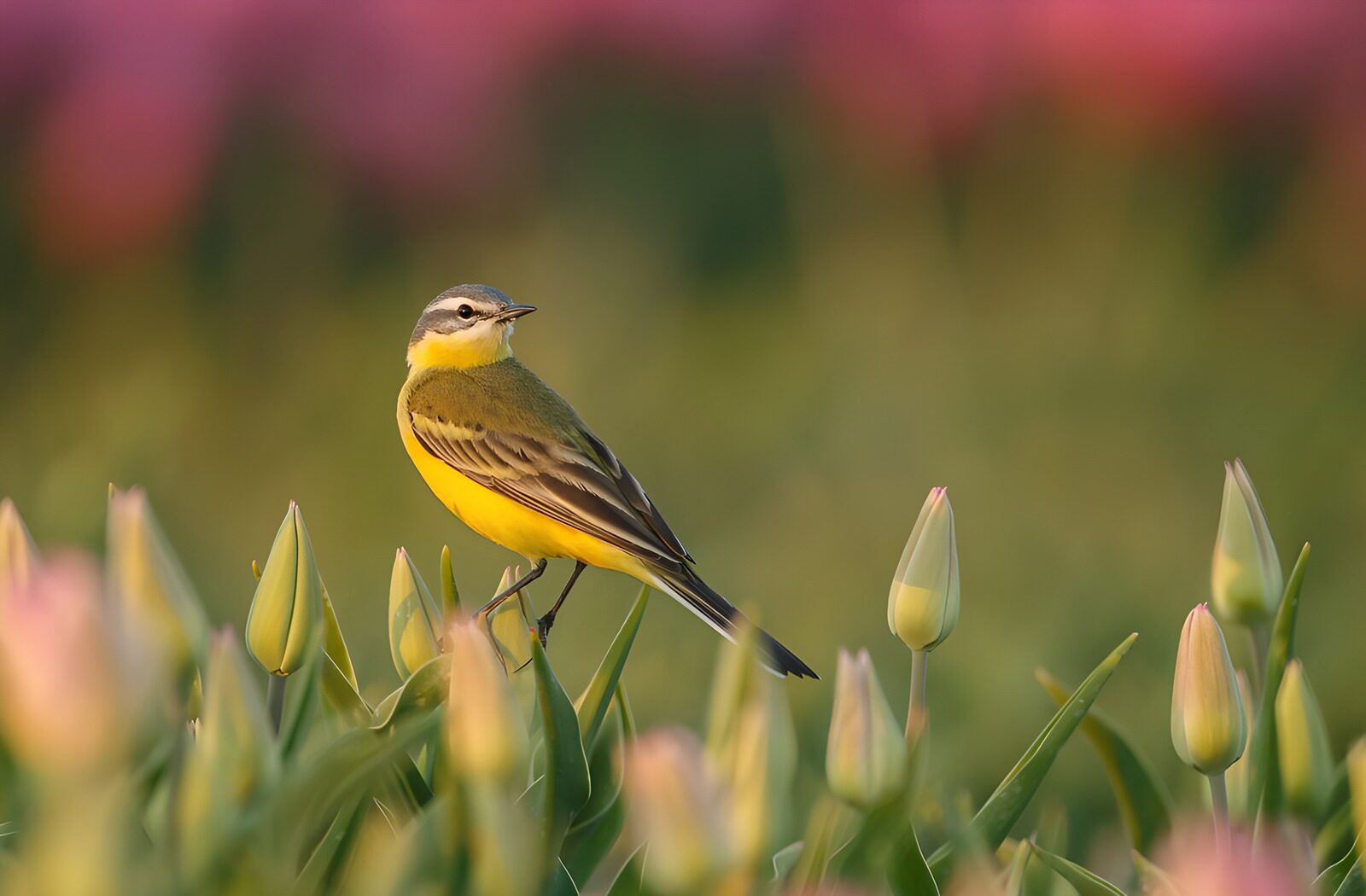 TPDE88174: Gelbkopfsänger in blühenden Tulpen