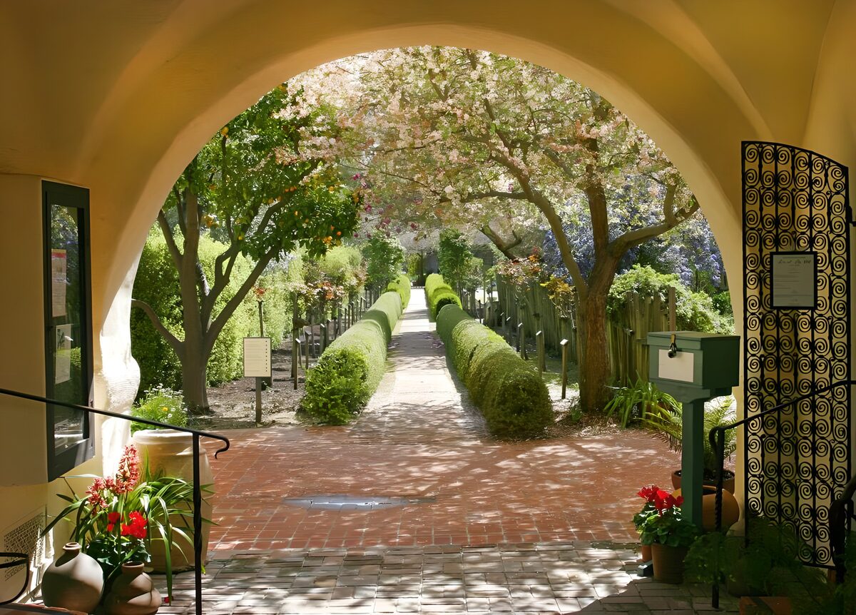 Blick von einem Haus aus in den Garten