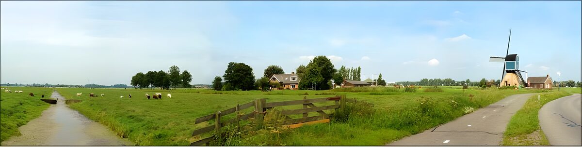 niederländische Graslandschaft mit Graben, Mühle und Kühen