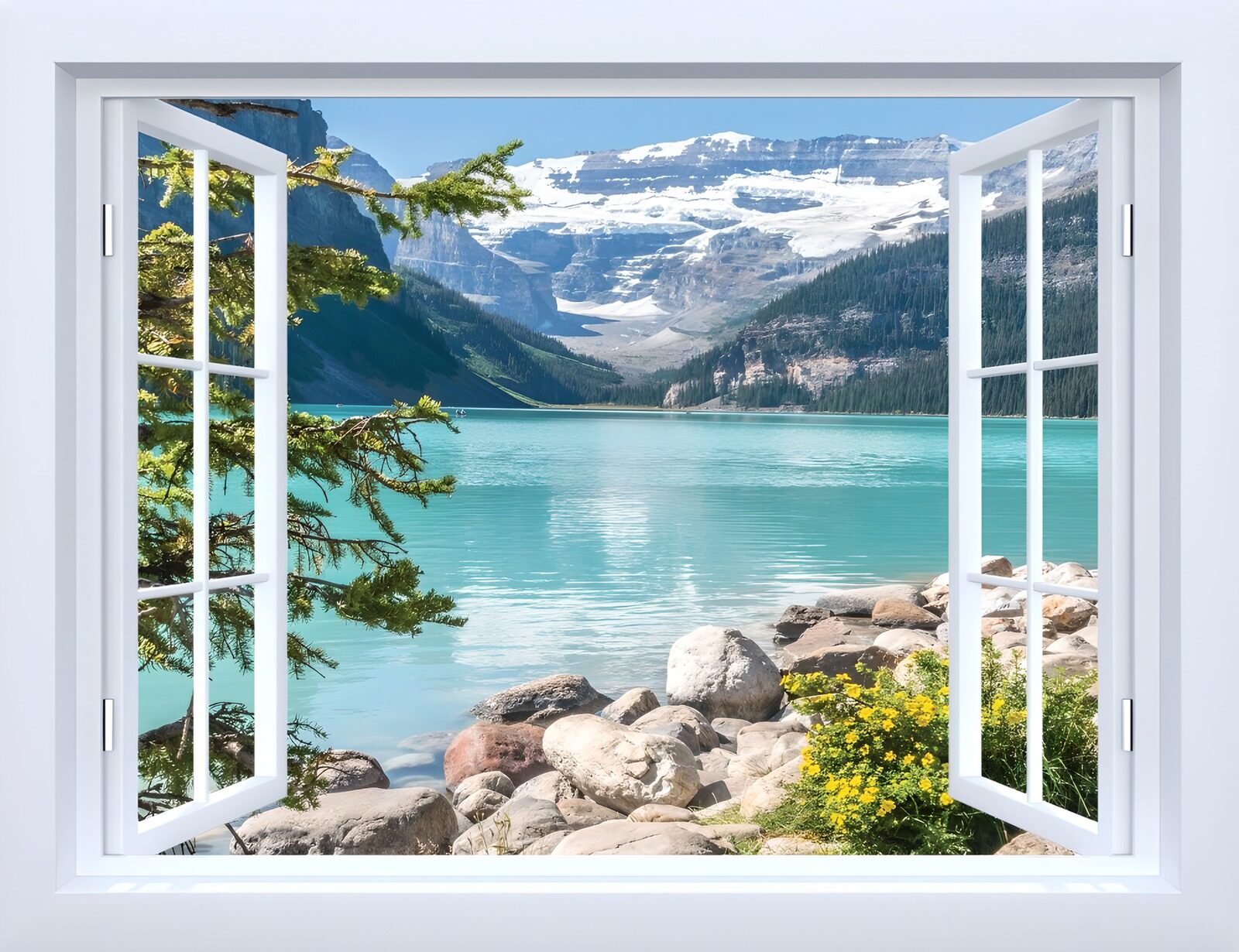 TPDE41874: Sicht durch das Fenster auf einen Bergsee