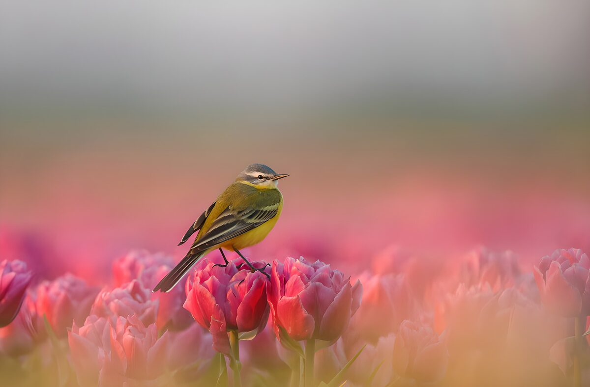 TPDE25484: Ein Vogel auf bunten Tulpenblüten