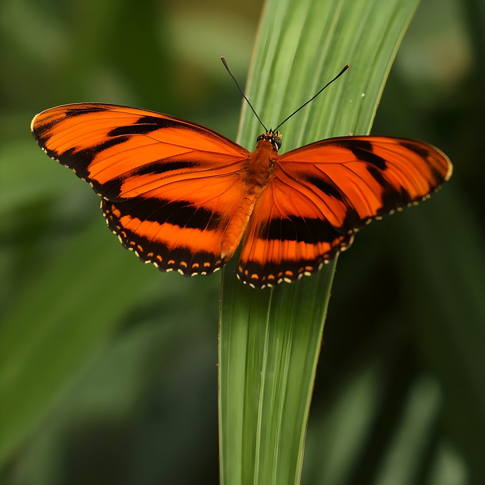 TPDE61431: schwarzgestreifte Flügel eines orangefarbenen Falters auf Schilf