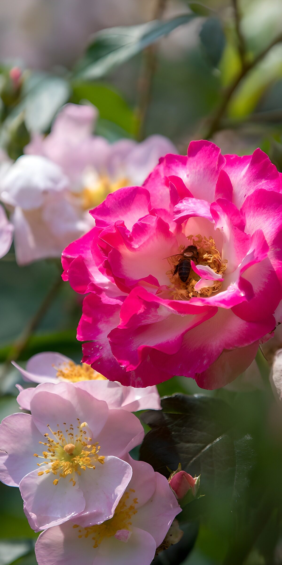 TPDE86308: Bunte Rosenblüten mit einer Biene