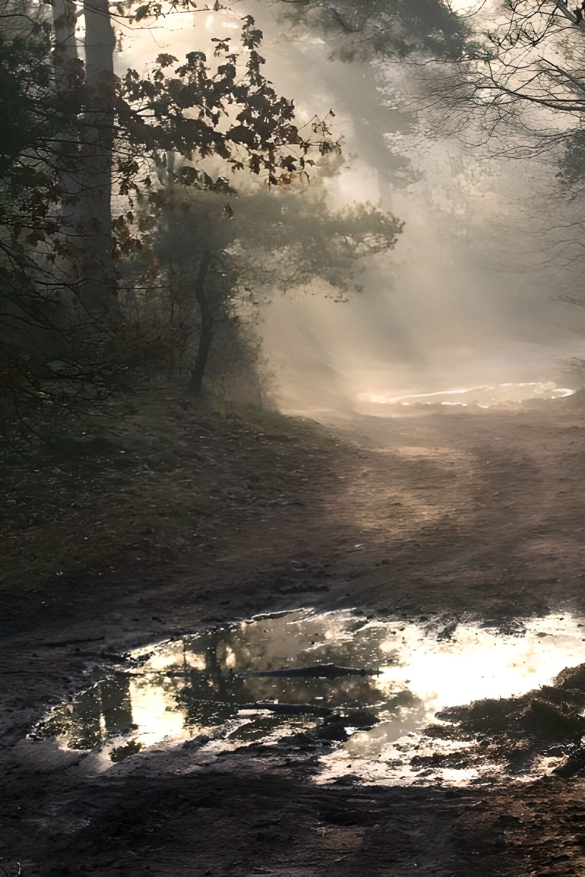 TPDE19728: Strahlenbüschel morgens im Wald  nach einem regnerischen Tag