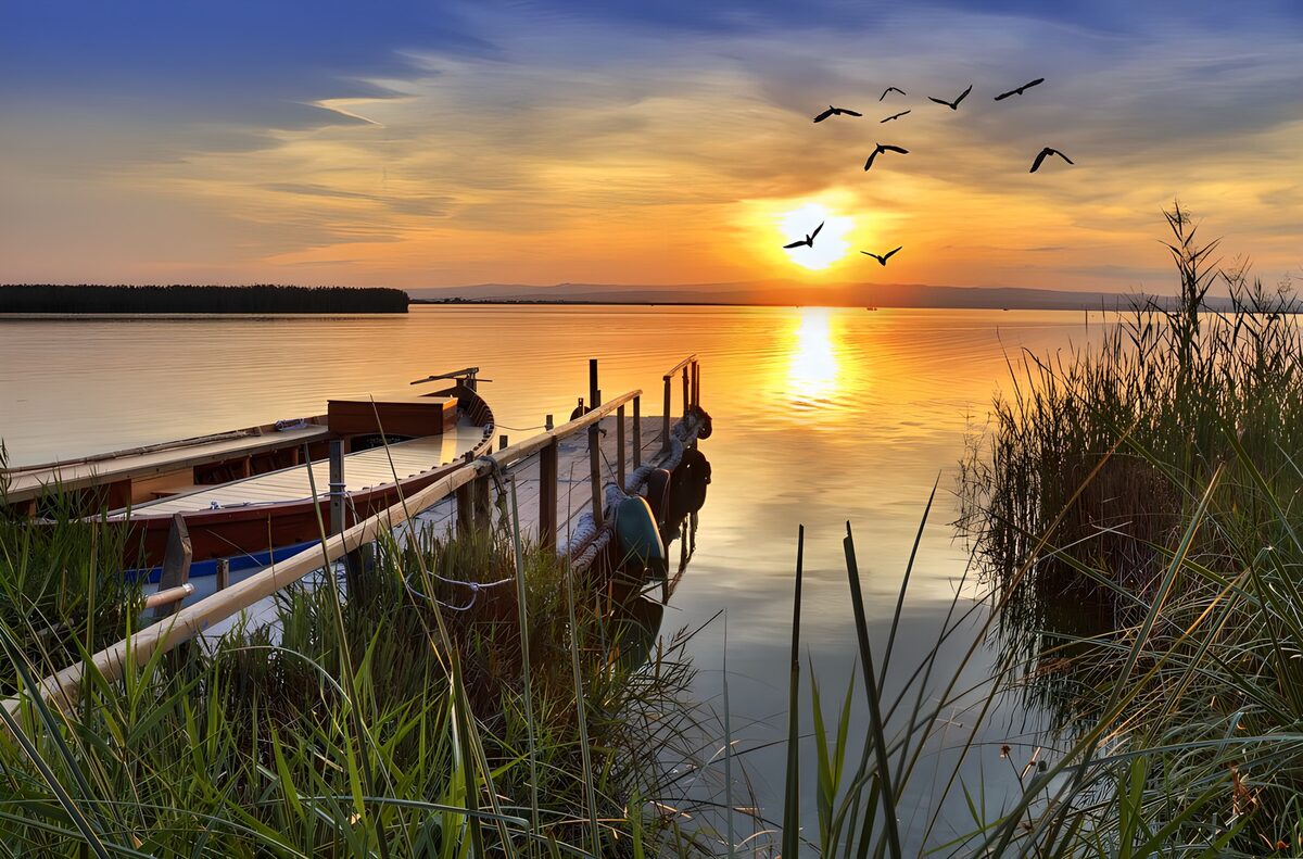 Steg mit Boot bei Sonnenuntergang mit Vögeln