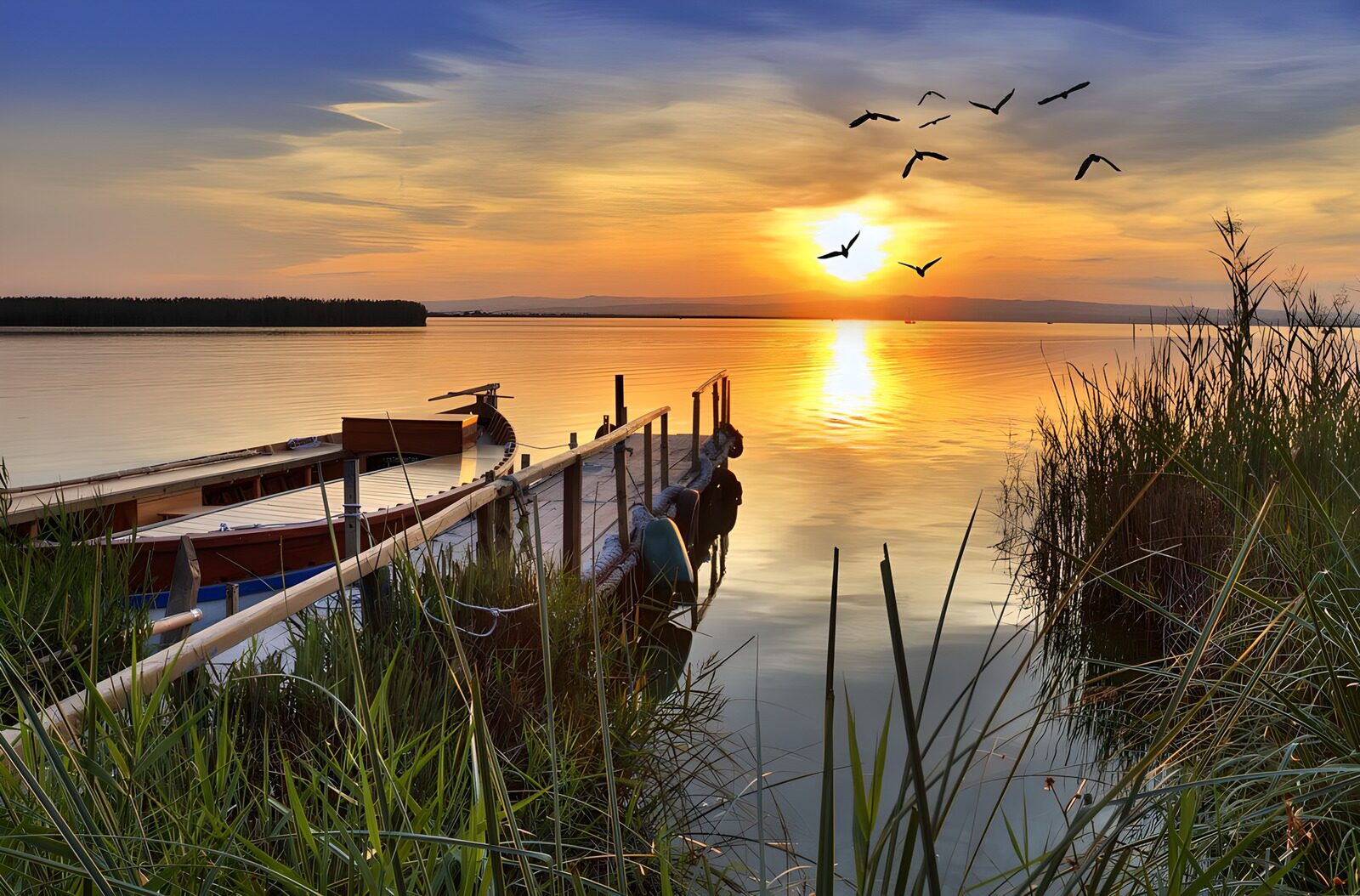 TPDE75365: Steg mit Boot bei Sonnenuntergang mit Vögeln