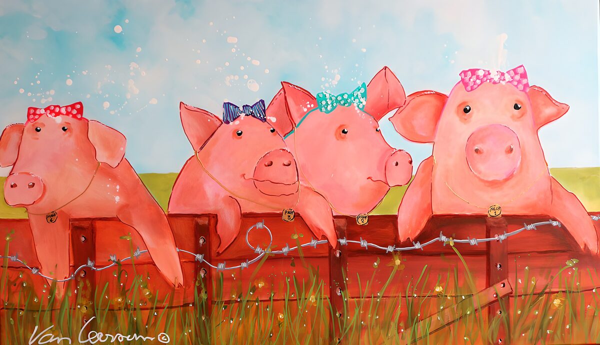 TPDE55799: Fröhliche Schweine am Zaun