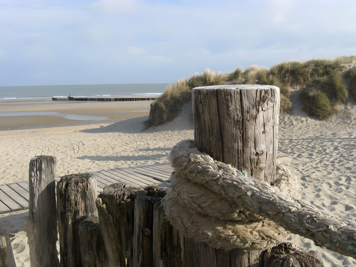 TPDE77056: Strand mit Seil und Holzpfählen