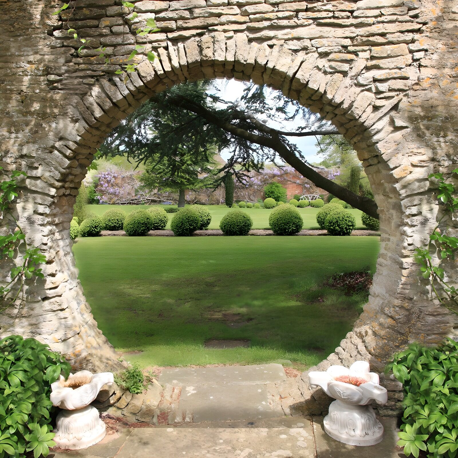 TPDE96203: Runde Passage mit Blick auf einen englischen Garten