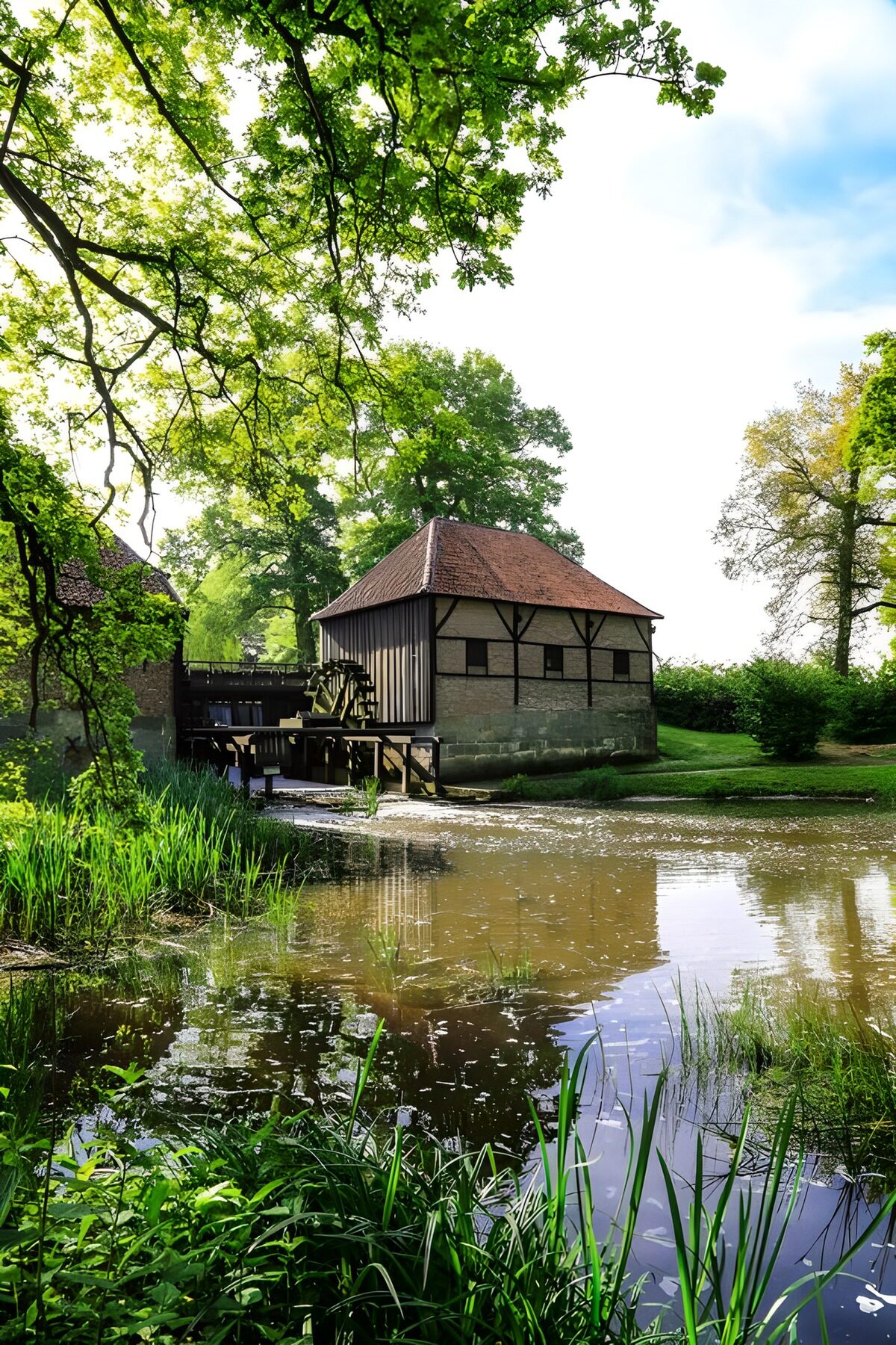 TPDE48685: Blick auf das Wasserrad neben einer Wassermühle
