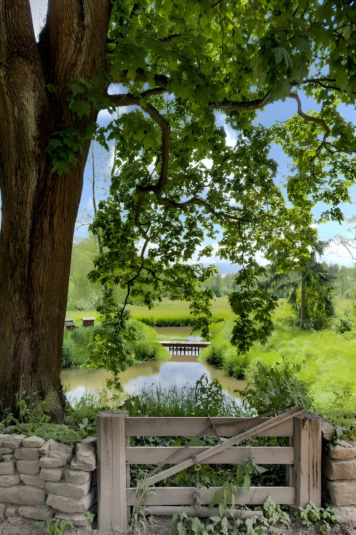 TPDE50515: Friedliche Landschaft mit Tor und Fluss