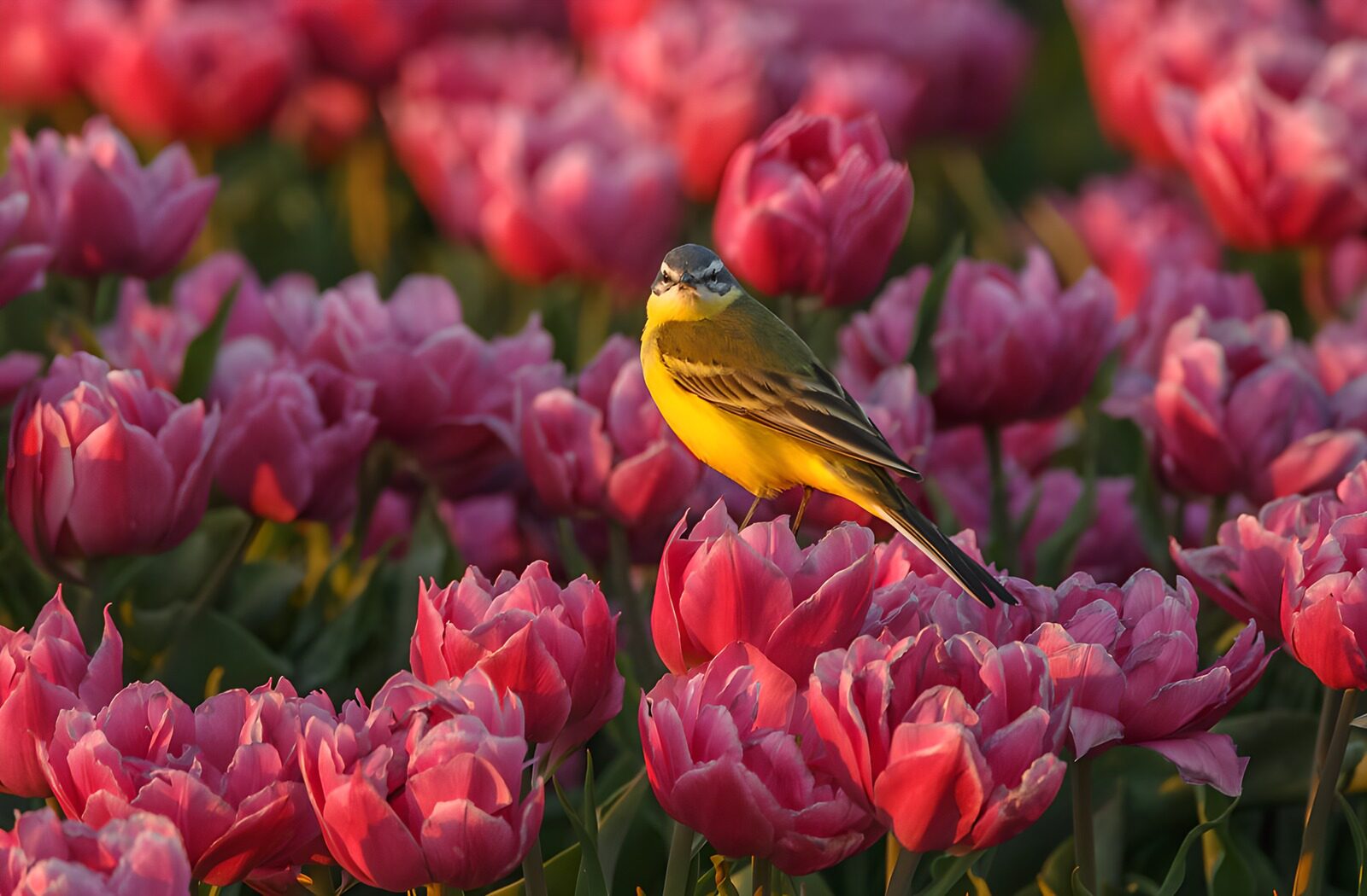 TPDE78133: Vogel zwischen blühenden Tulpen