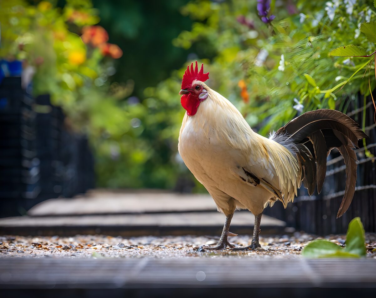 Hahn auf dem Gartenweg