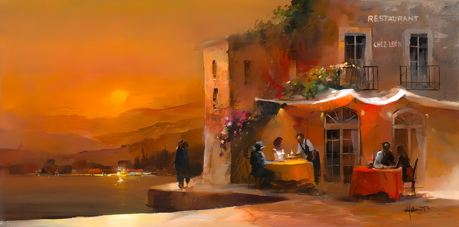TPDE33435: bemalte Leinwand mit einem französischen Restaurant mit einer romantischen Terrasse Version2