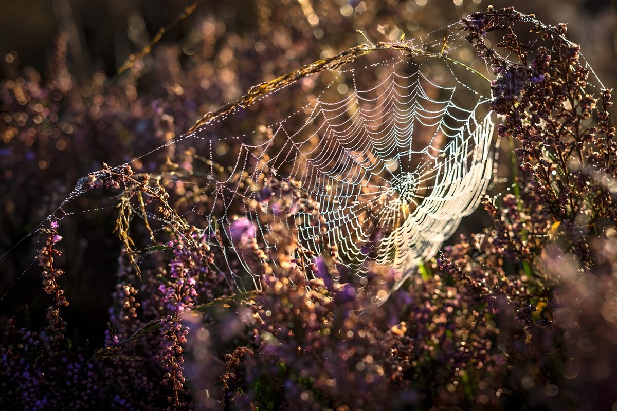 TPDE47553: Spinnennetz in der Morgensonne auf der Heide