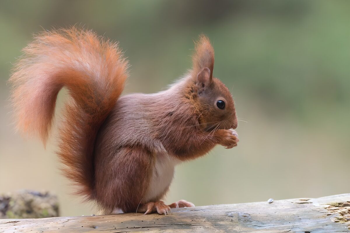 Eichhörnchen auf einem Baumstamm ernährt sich mit Nüssen