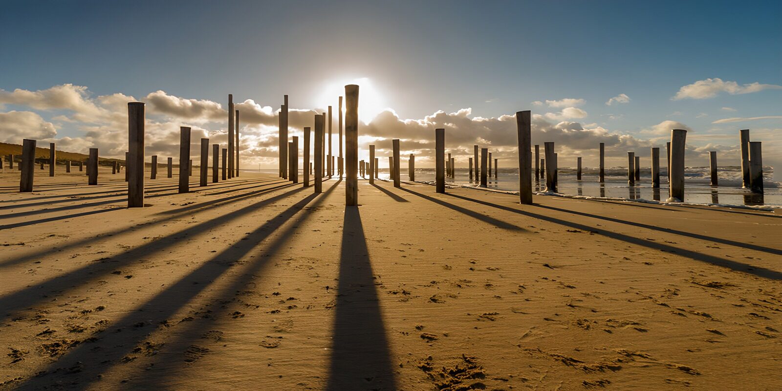 TPDE37971: Schatten der Pfosten am Strand