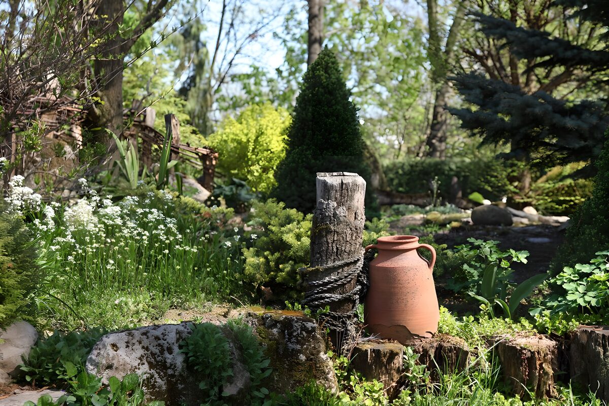 ein "wilder" Garten mit blühenden Blumen und Tannen und Fichten