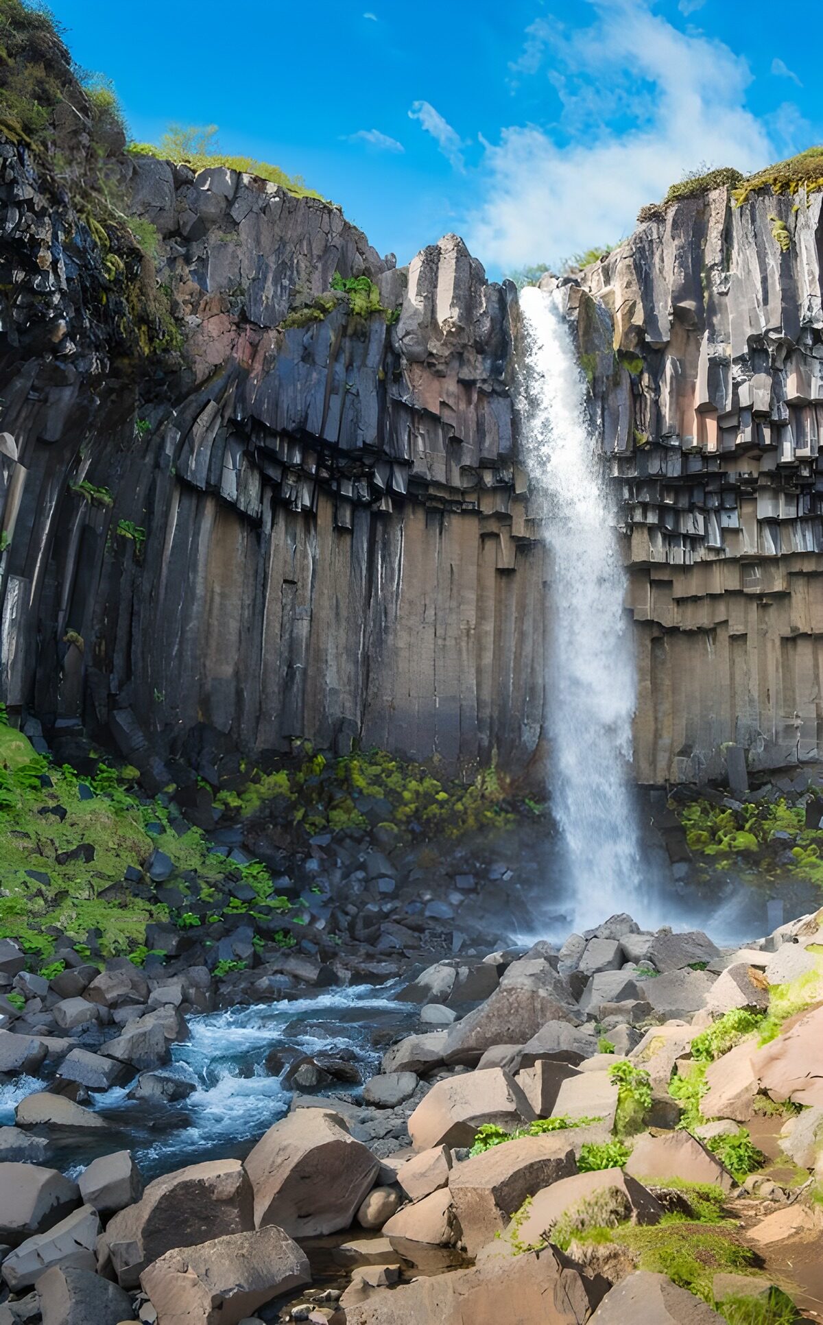 TPDE95551: fantastischer Blick auf einen Wasserfall, der über Basaltfelsen hinabstürzt