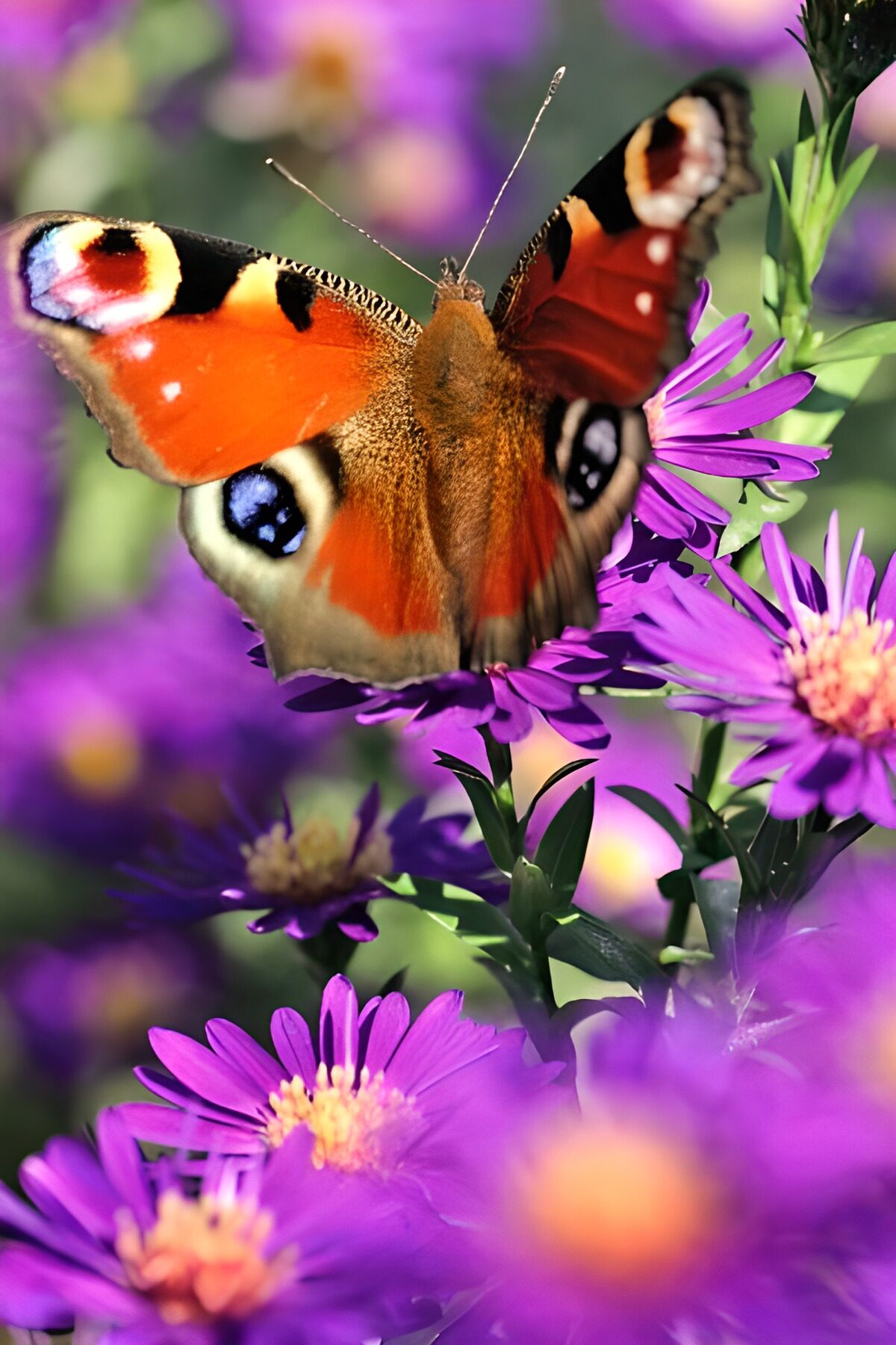Tagpfauenauge flattert über einer Blumenwiese
