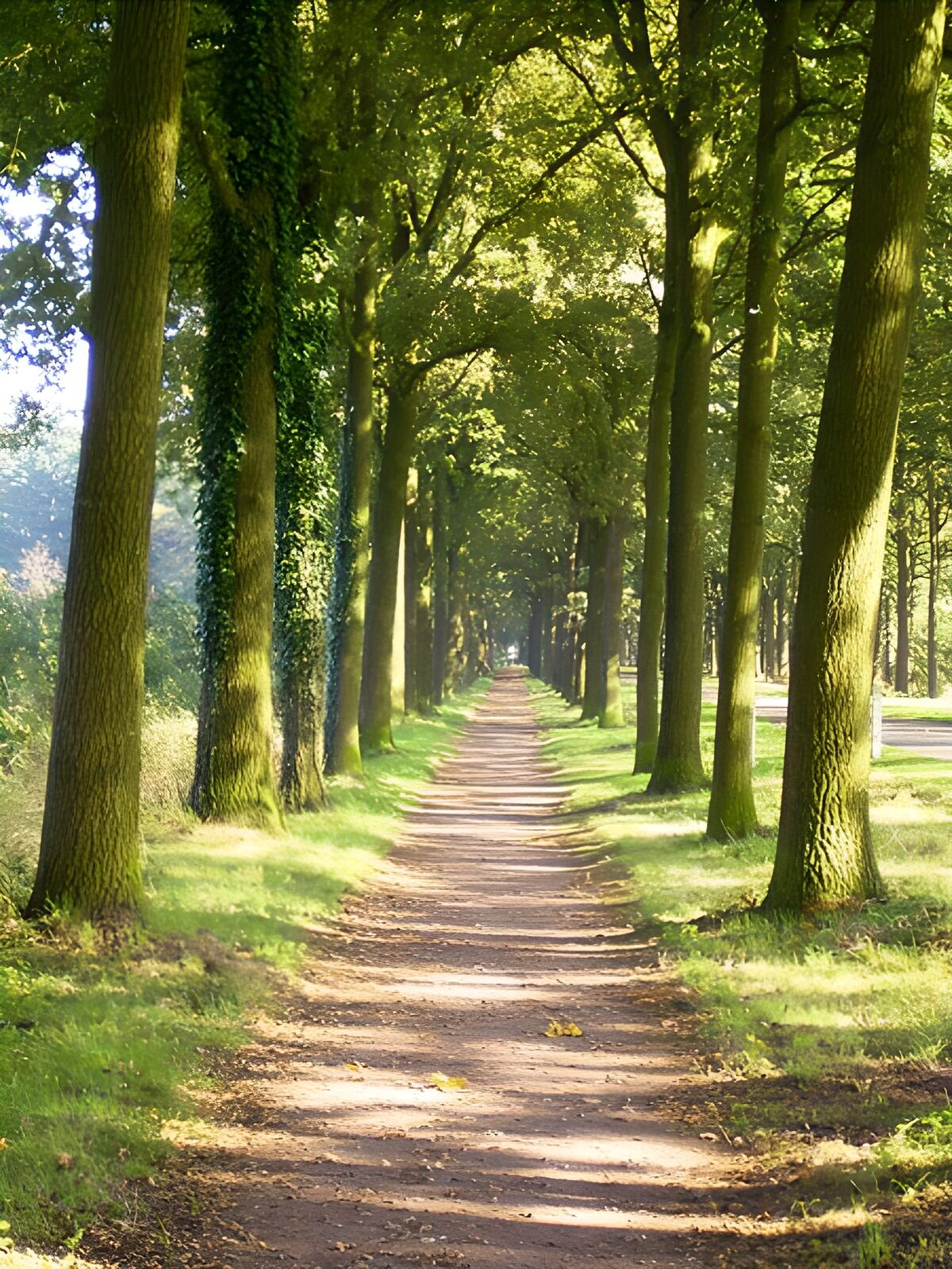 TPDE49994: schmaler Radweg, zwischen 2 Baumreihen an einer Straße entlang