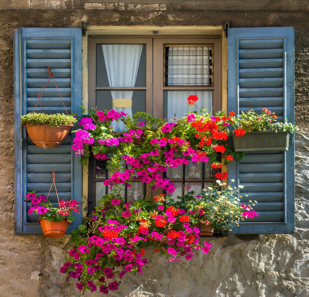 TPDE70273: Blühendes Fenster mit bunten Blumen