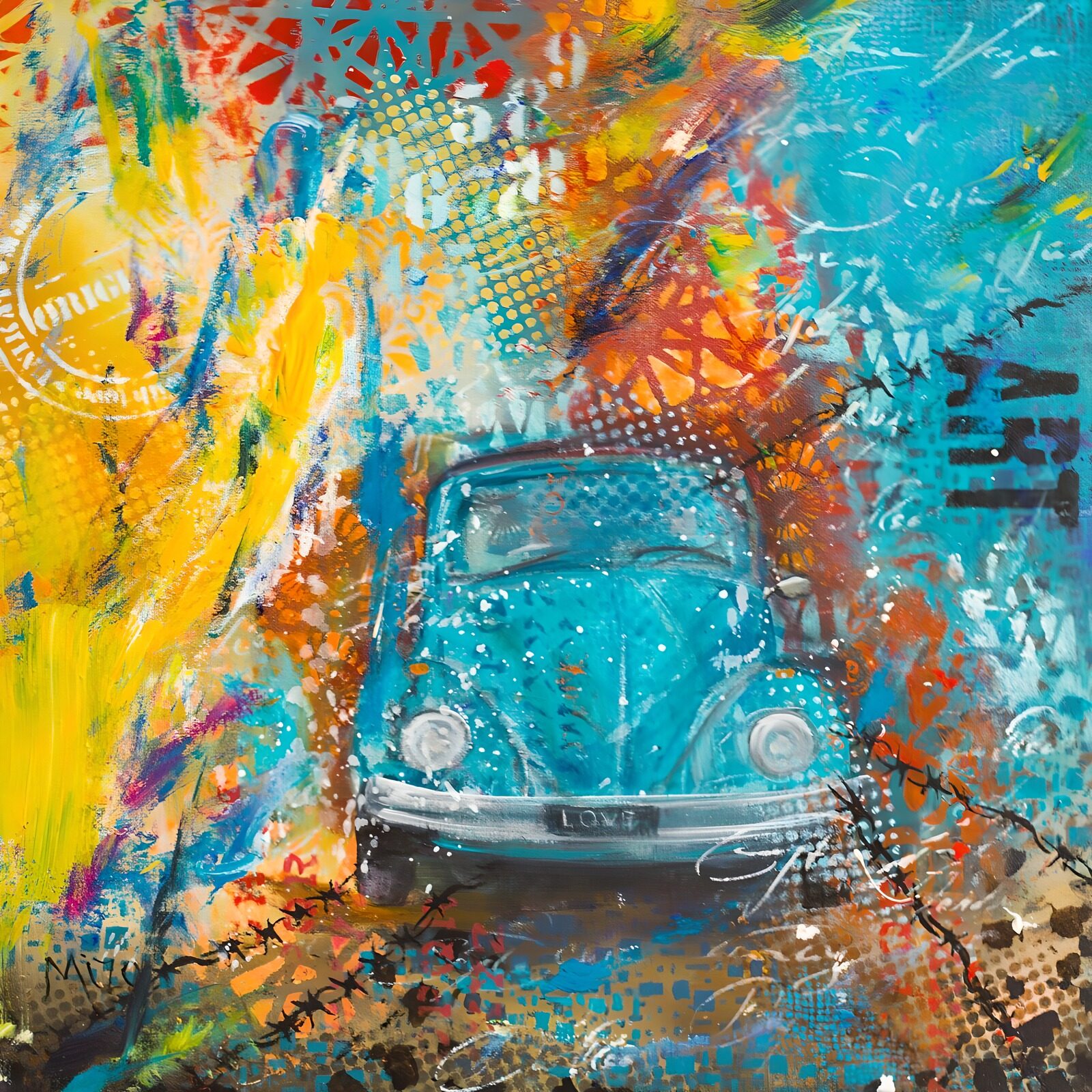 TPDE69435: Vibrantes Kunstwerk mit einem blauen Auto