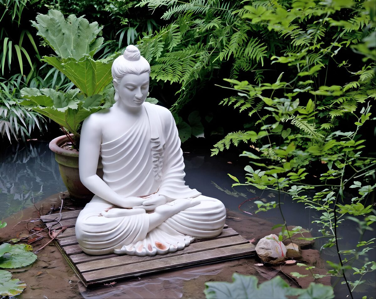 Buddha-Statue, die am Rande eines Teiches im Dschungel, meditiert