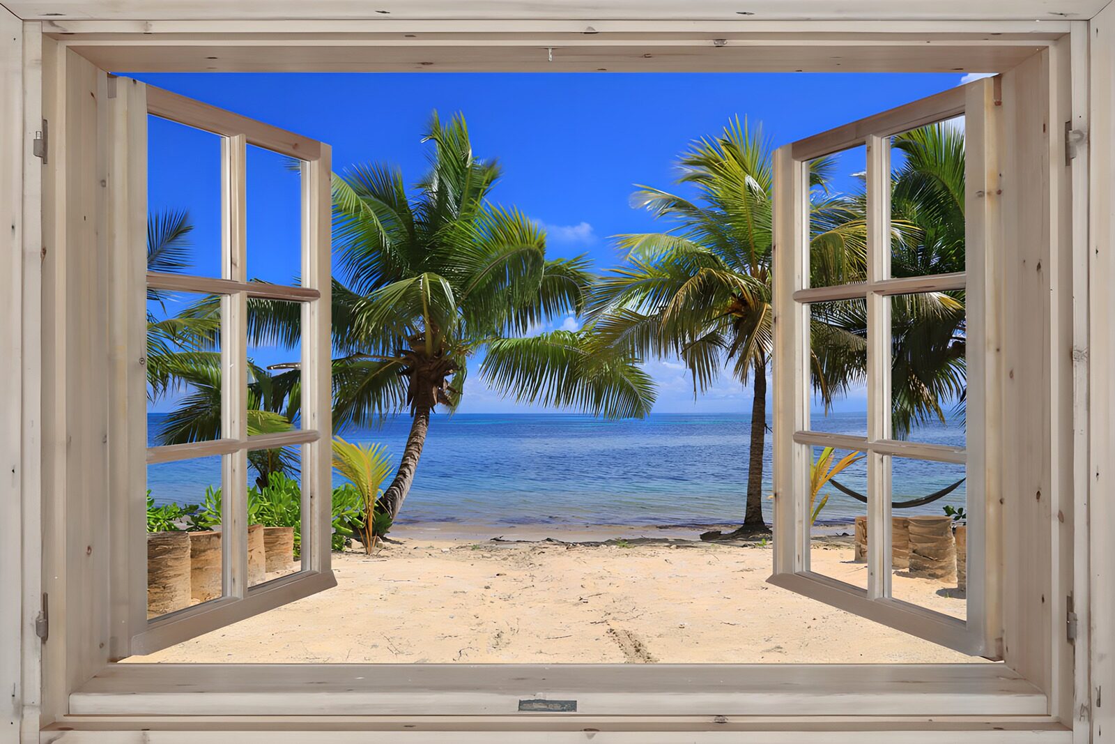 TPDE97544: Paradiesblick durch ein Fenster