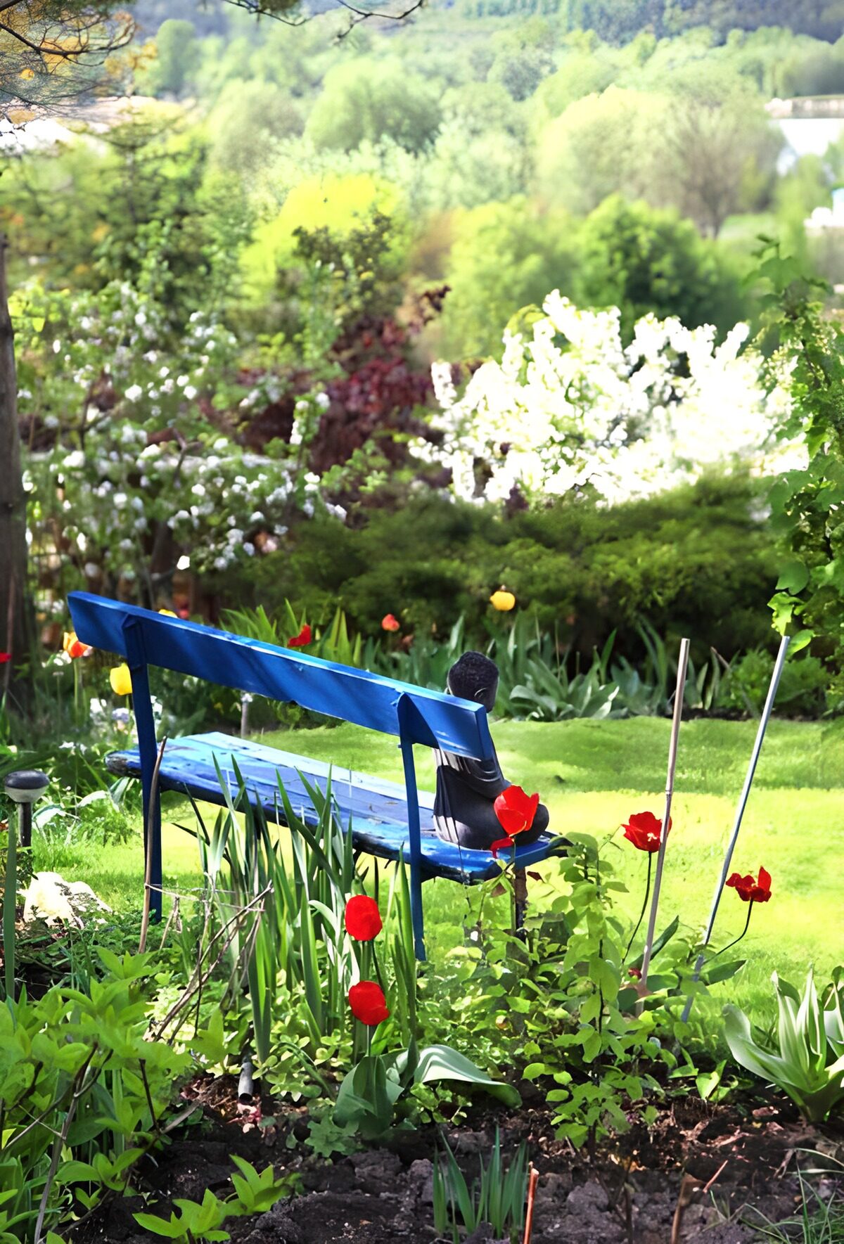 TPDE66302: ein kleiner Junge auf einer blauen Bank in einem Garten