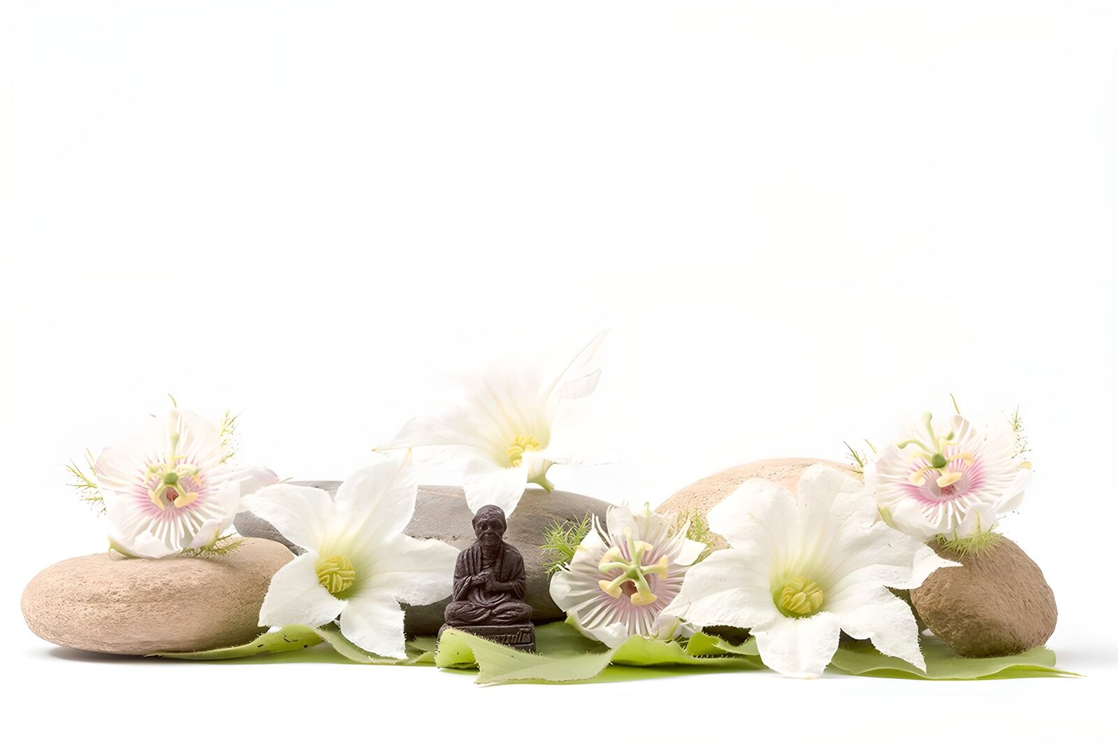 TPDE35454: spirituelle Szene mit meditierender Buddha, Blüten und Steinen