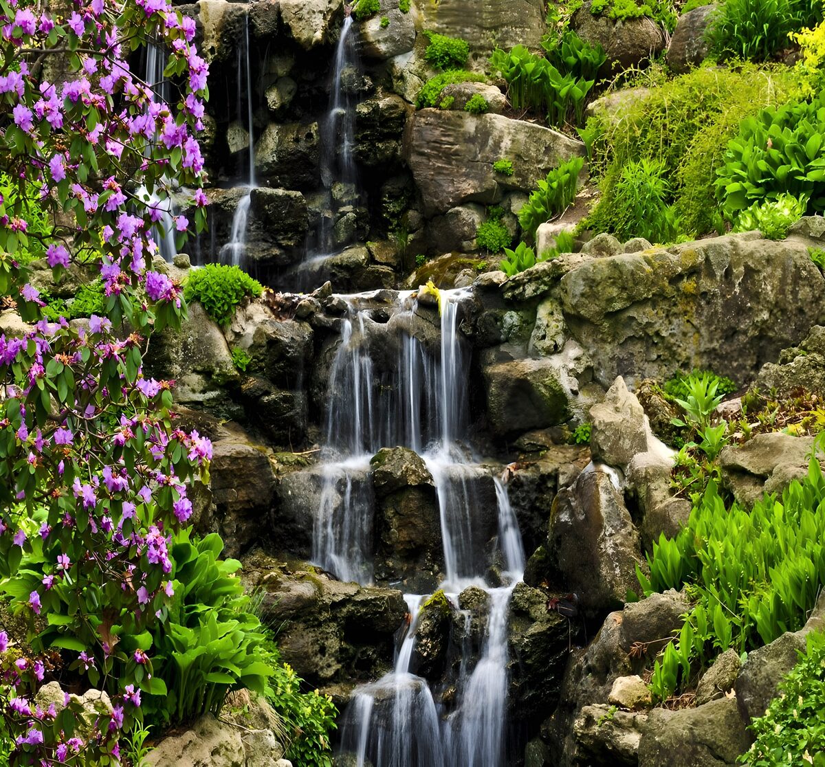 TPDE85148: Wasserfall mit immer grüner und blühender Bewachsung Erleuchtung im japanischen Garten