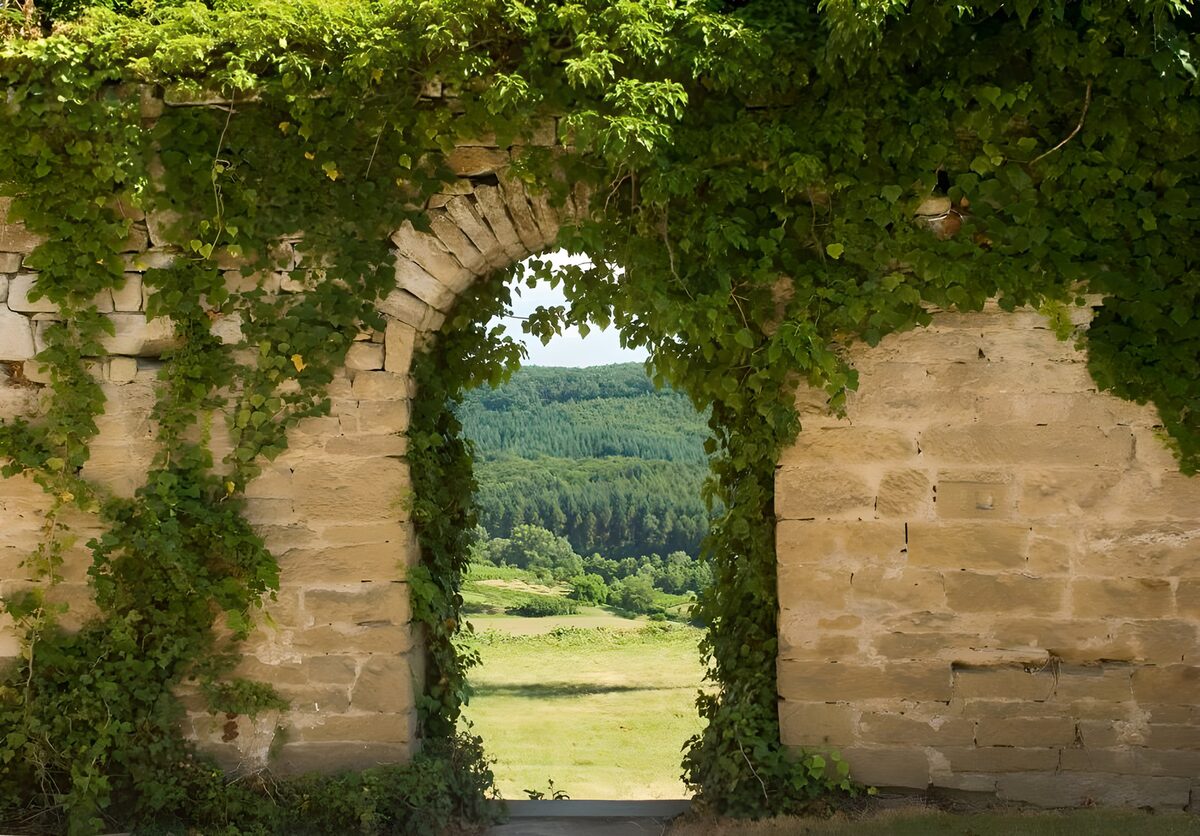 Blick durch einen Durchgang mit Kletterpflanzen  auf die Dordogne