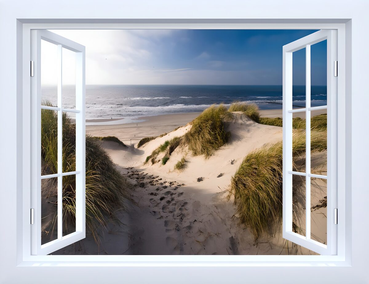 Blick auf den Strand durch ein Fenster