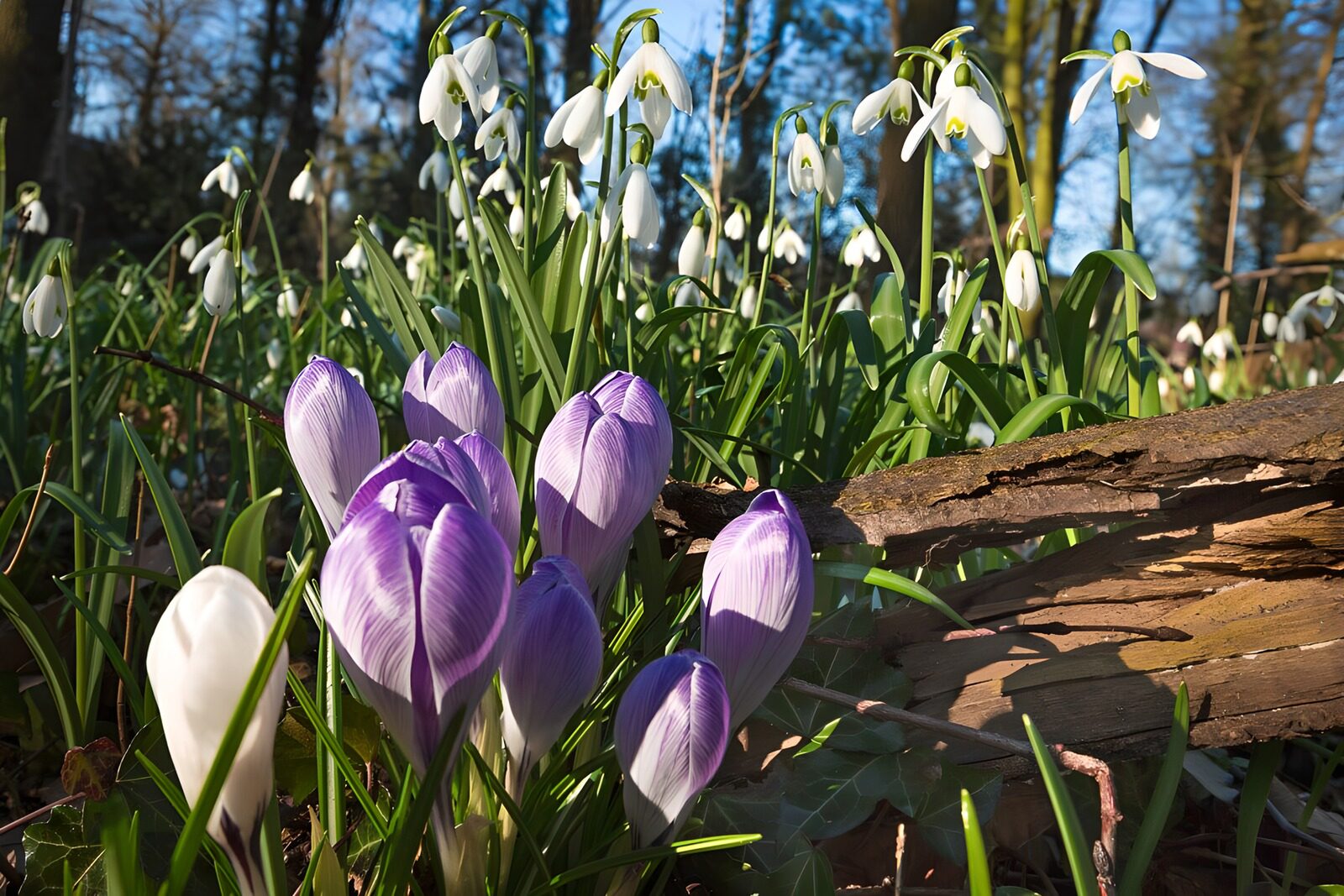 TPDE40227: Weiße und hellblaue Krokusse und Schneeglöckchen