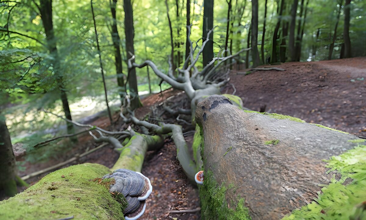 gefällte Bäume auf einem Hang im Wald