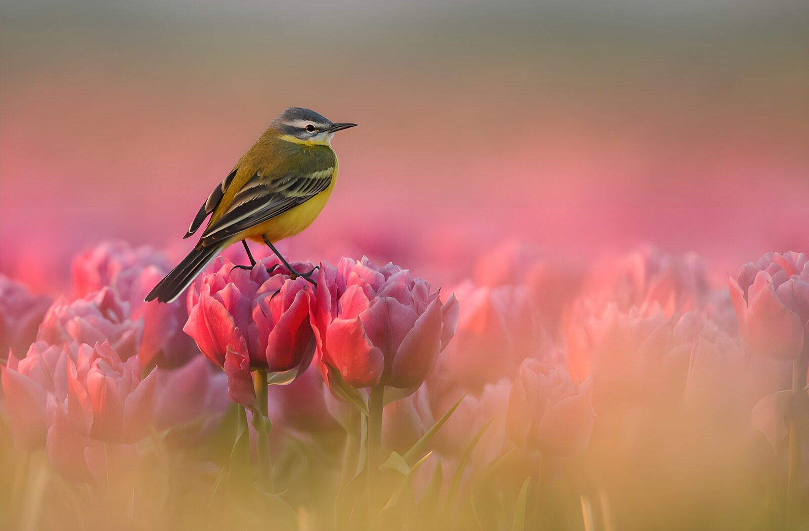 TPDE94383: Vogel zwischen blühenden Tulpen