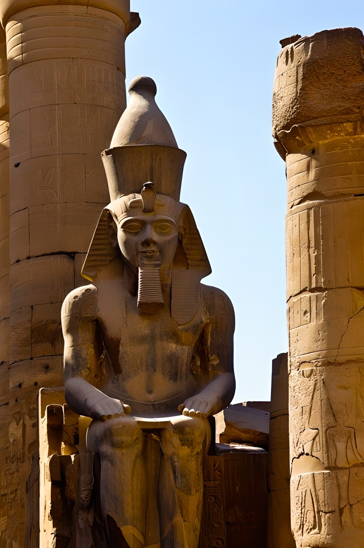 TPDE97760: Statue eines Pharaos zwischen Säulen mit Hieroglyphen