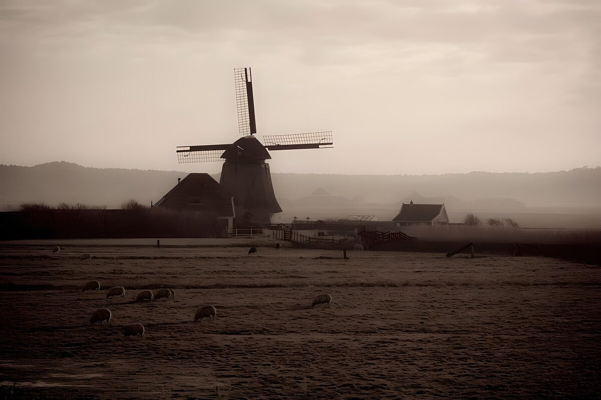 TPDE60901: Panorama mit Poldermühle und Schafe auf der Weide im Morgennebel